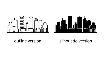 Obraz premium Cityscape Outline and Silhouette: Two distinct representations of a modern cityscape, one in an outline style and the other as a solid silhouette.