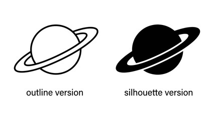 Planet Icon: A clear, minimalist graphic design featuring two representations of a planet with rings – an outline version and a solid silhouette version, ideal for scientific and space-themed designs. © Md