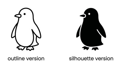 Two Penguin Icons: A clear outline and a solid silhouette of a penguin stand side-by-side, representing two distinct visual styles for a playful avian symbol. © jabed