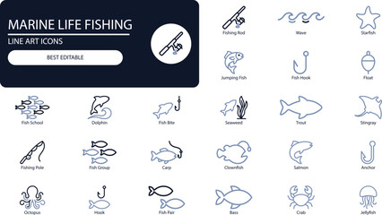 Marine life and fishing icons set. Outline vector collection of fish, hooks, octopus and crabs for sea-themed design © s