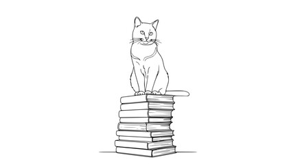 Minimalist black and white line art drawing of a curious cat sitting on a stack of books
