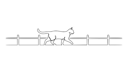 Continuous line art illustration of a cat walking along a minimalist fence