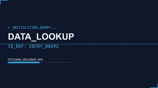 Digital data lookup animation with loading bar progress, showing initializing query and fetching records, symbolizing data retrieval, system processing, and technological advancement