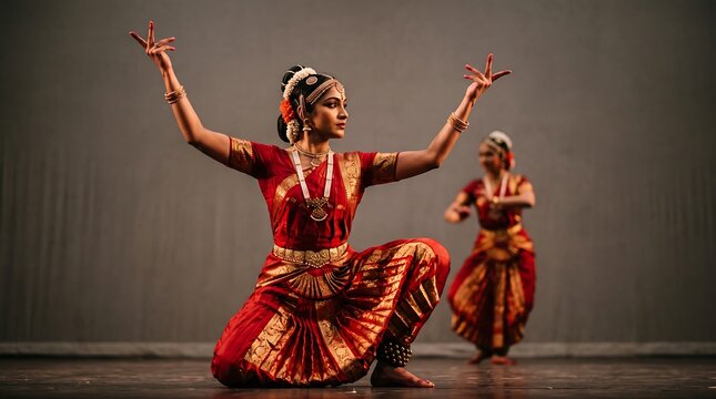 Two women in red traditional dress dancing at Indian festival
