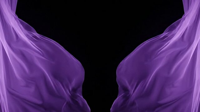 Purple fabric curtains waving on black background, luxury silk drapery motion for stage reveal or event intro png. ai generated