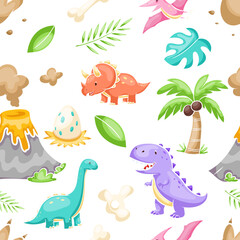 Fototapeta premium A seamless pattern featuring dinosaurs, volcanoes, eggs and tropical plants