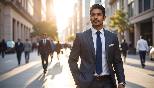 Hombre de negocios caminando por una calle urbana con traje y corbata entre peatones al atardecer