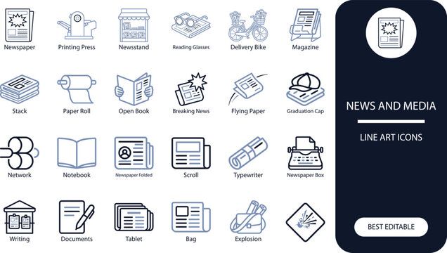 News and media icons set. Silhouette vector collection of newspaper, magazine, printing press and delivery symbols for publishing design