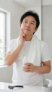 ひげ剃り後の肌に保湿剤を塗る男性