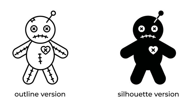 Voodoo Doll Icon: Two stylized voodoo dolls, one in outline and the other in silhouette, representing a dark or mysterious object with stitched features and a heart detail.