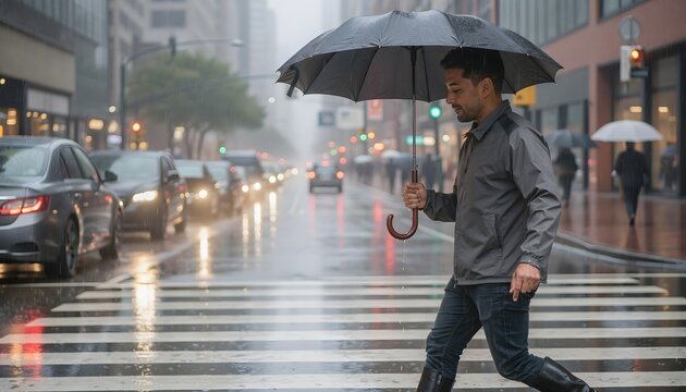Hombre cruzando una calle bajo la lluvia con paraguas negro entre coches y reflejos sobre el asfalto mojado