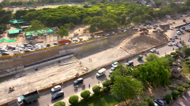 Aerial view of urban road construction in Delhi NCR. Infrastructure development in Noida city.