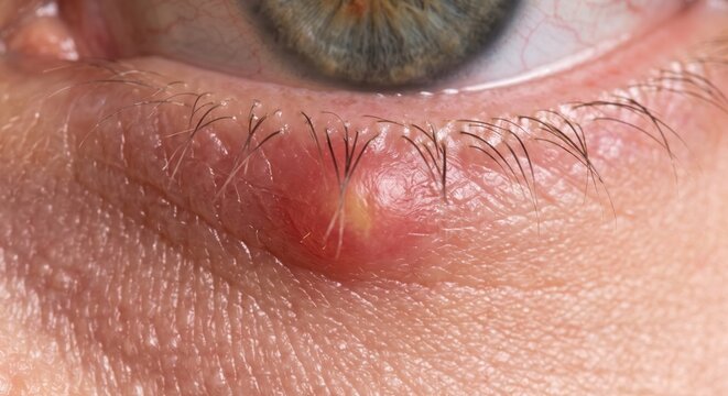 Macro Close up of Stye on Human Eyelid Showing Inflammation and Swelling with Pustule Pointing near Eyelashes Indicating Bacterial Infection Condition