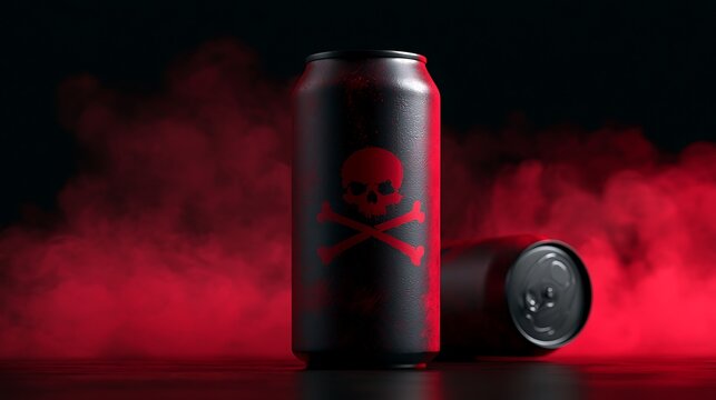 Black energy drink cans with skull and crossbones on red smoke background