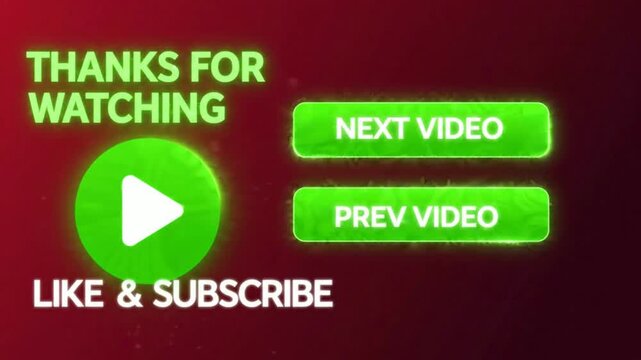 You tube end screen overlay with neon green play button, next and previous links, and like and subscribe call to action for creators png. ai generated