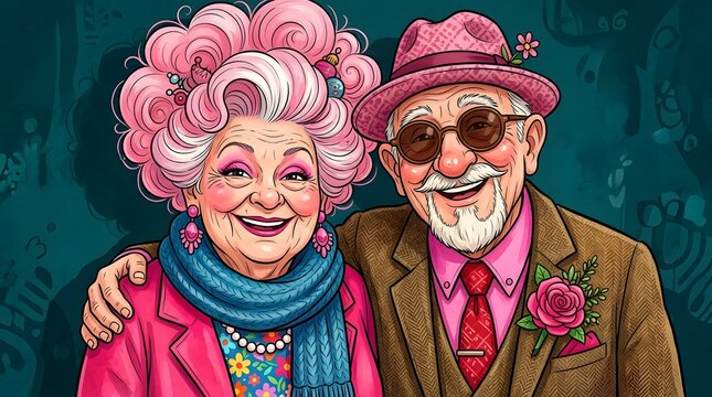 A colorful illustration of a stylish elderly couple celebrating a fun and vibrant happy halloween holiday season