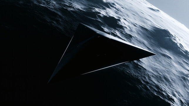 A large dark triangular object glides smoothly above the surface of the deep blue ocean water during a calm and quiet night in a science fiction scene