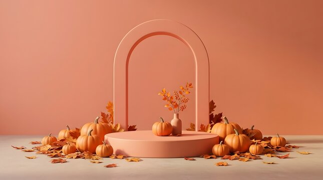 Minimalist product display podium with pumpkins and autumn leaves for a festive happy halloween seasonal marketing background