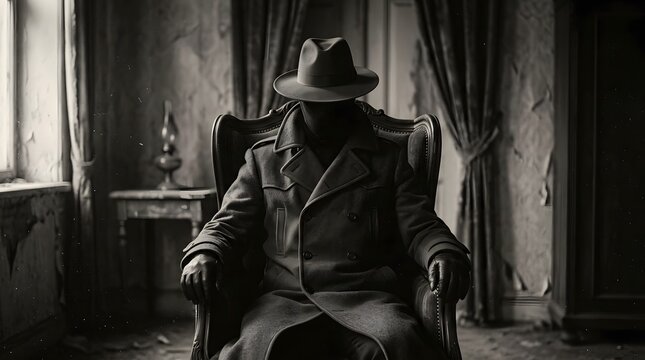A mysterious faceless man in a trench coat and hat sitting in a dark room for happy halloween