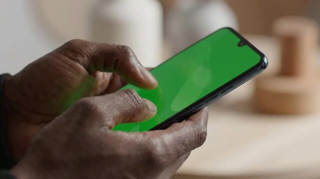 Close-up of person using smartphone with green screen for chroma key compositing and app interface mockup png. ai generated