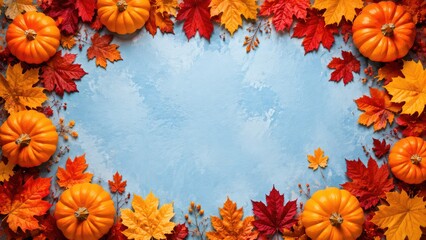 Fototapeta premium Autumn harvest pumpkins and colorful maple leaves arranged around a bright blue textured background with copy space