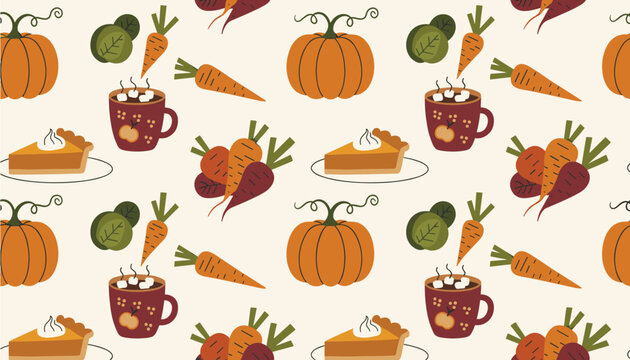 Cozy autumn seamless pattern featuring pumpkin pie slice, hot cocoa mug, carrots, and orange pumpkins on beige background.