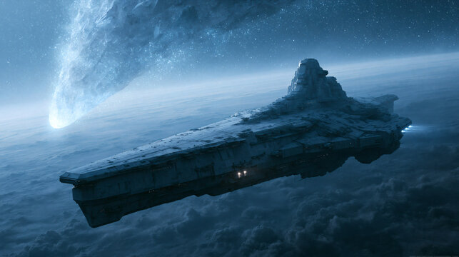 A large futuristic spaceship travels through the deep space atmosphere of a planet while a bright comet streaks across the dark starry sky in the background