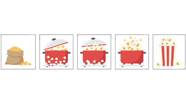 Sequential step by step guide on how to make hot popcorn in a pot from corn kernels to final striped box container.