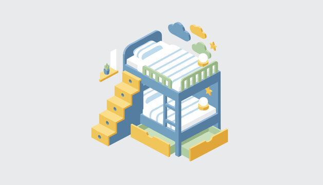 Cozy children bedroom bunk bed with built in storage drawers stairs in a cute isometric pastel 3D vector style.