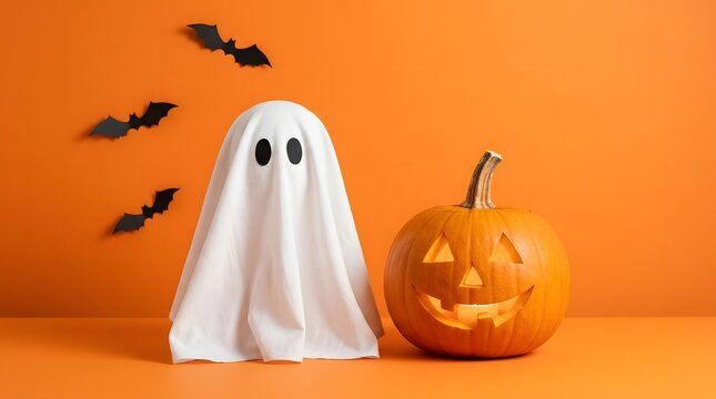 Happy halloween background featuring a cute white ghost and a carved jack o lantern with flying bats