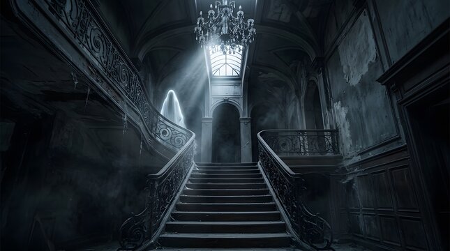 Spooky dark mansion staircase with moonlight rays for a creepy happy halloween background and horror atmosphere