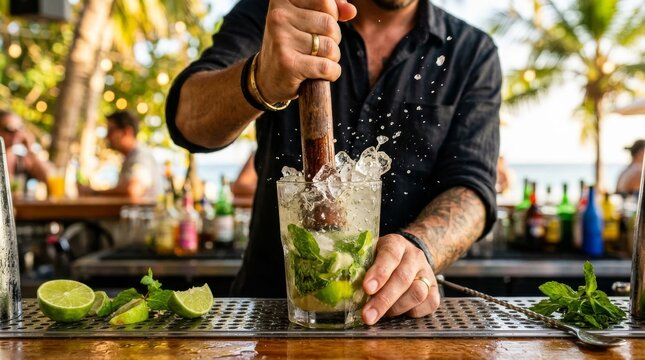 Bartender expertly muddling fresh mojito cocktail at a vibrant outdoor bar