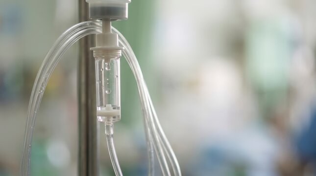 Close up of an IV drip chamber in a hospital room. Intravenous fluid therapy equipment for patient treatment and recovery