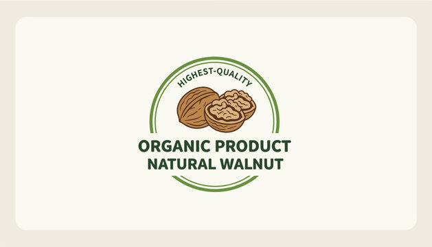 Organic product natural walnut logo design featuring circular badge with hand drawn walnuts on beige background.