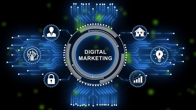 Digital marketing concept with glowing hud interface featuring for business strategy, data analytics, online growth, security, and innovation on a high-tech abstract cyber network background