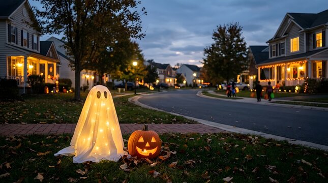 A glowing ghost decoration and carved pumpkin on a suburban lawn celebrating a happy halloween night