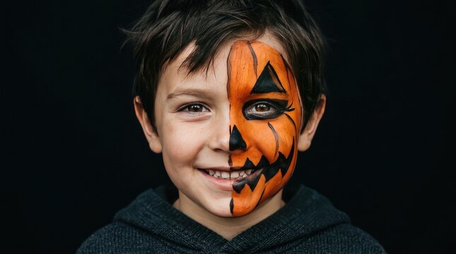 A young boy smiling with half of his face painted like a spooky orange jack o lantern pumpkin