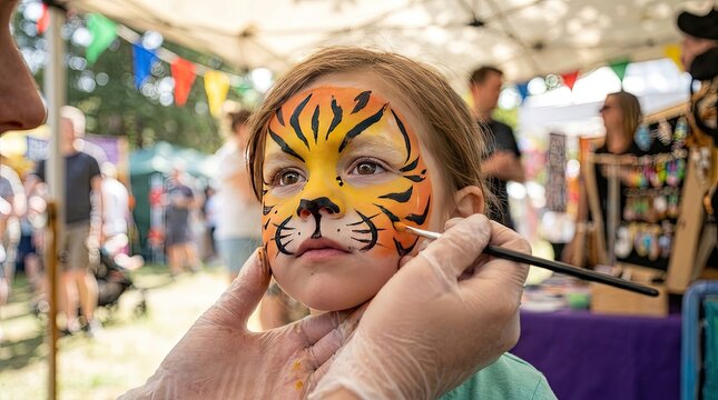 A young child having their face painted like a tiger by a professional artist at a summer outdoor festival