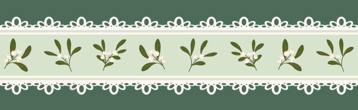Christmas Mistletoe Border Banner with Lace Trim on Sage Green Festive Botanical Background