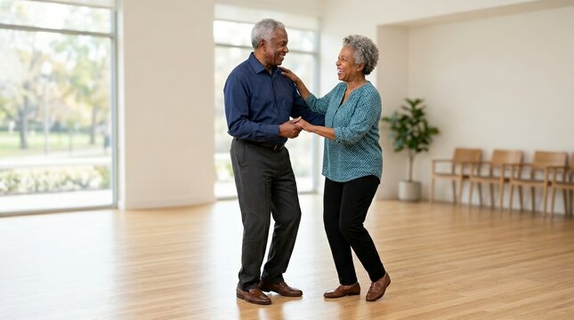 Laughing senior African American couple dancing in bright room. Joyful older husband and wife holding hands on wooden floor