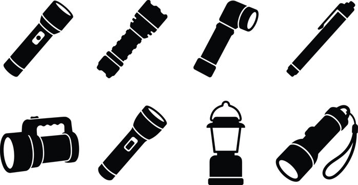 Flashlight and Portable Lighting Equipment Icon Set Vector Featuring Tactical Torch, Penlight, Searchlight, and Camping Lantern