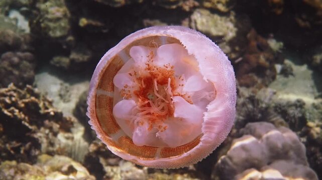 Cauliflower jellyfish floating over reef, Cephea cephea swimming in clear ocean water, marine biology educational content, underwater nature background