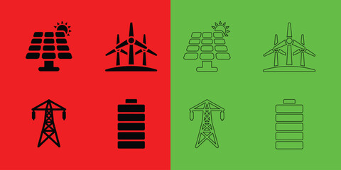 Fototapeta premium Renewable energy set featuring solar panels, wind turbines, power transmission towers, and battery symbols