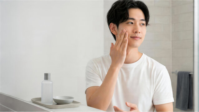 洗面所で保湿剤を顔になじませる若い男性