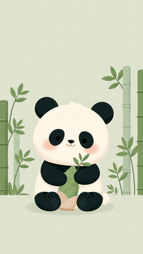 A cute cartoon panda bear sits peacefully in a forest and holds a fresh green bamboo shoot in its hands as a snack