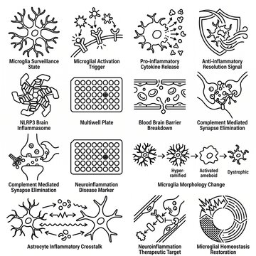 Neuroinflammation Microglia Activation Brain Flat Vector Icon Set
