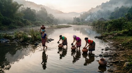 Obraz premium Rural women collect water in traditional pots from misty river at dawn
