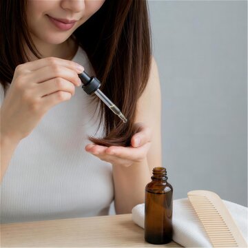 スポイトでヘアオイルを毛先になじませる女性