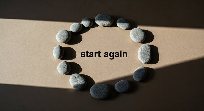 Start Again Circle: Smooth, grey pebbles are arranged in a perfect circle on a beige surface, with the words start again visible in the center, symbolizing new beginnings and cycles.