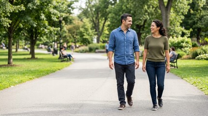 Obraz premium Happy couple walking and talking on a park path. Smiling man and woman strolling together in green public park. Healthy lifestyle and relationship concept